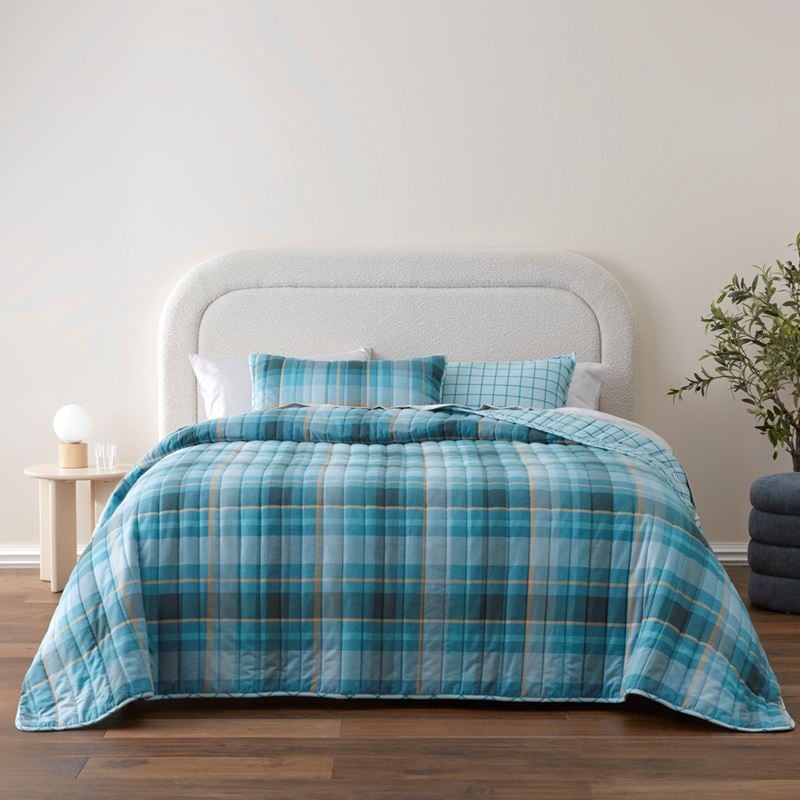 Flannelette Printed Stirling Check Blue Quilted Pillowcases
