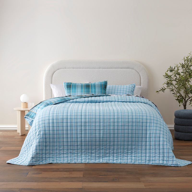 Flannelette Printed Stirling Check Blue Quilted Coverlet Separates