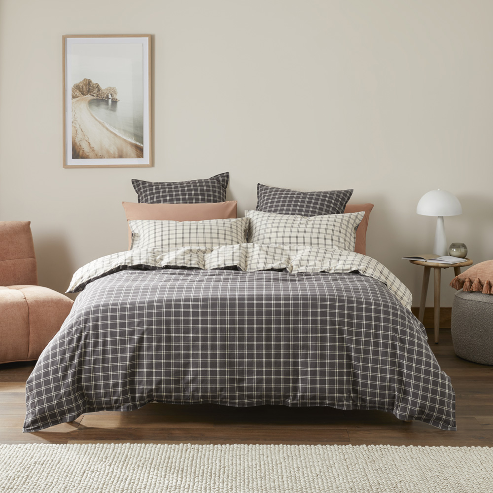 Stonewashed Cotton Charcoal Grid Pillowcases Adairs