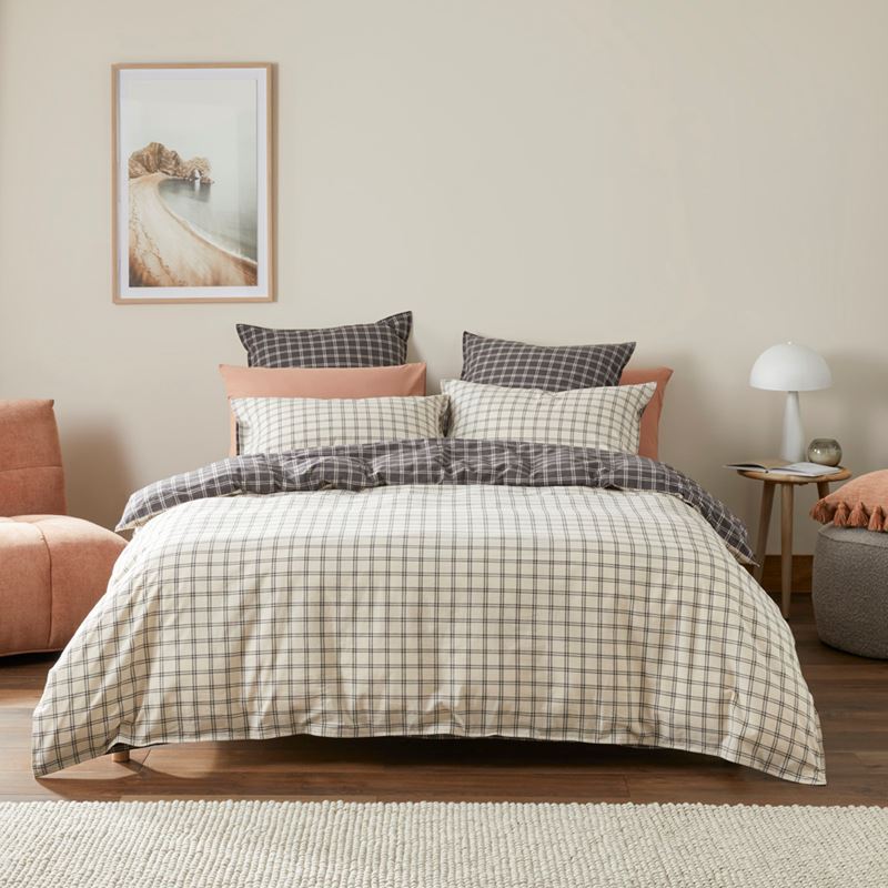 Stonewashed Cotton Charcoal Grid Quilt Cover Separates