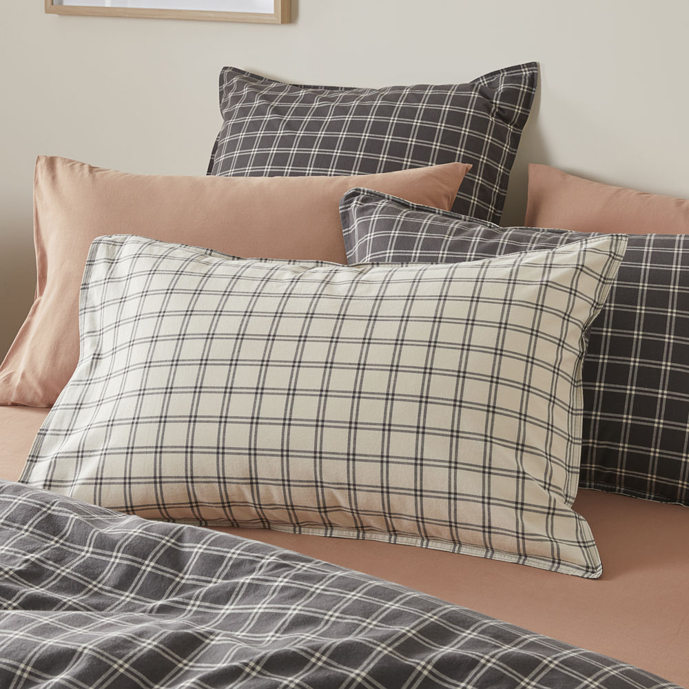 Stonewashed Cotton Charcoal Grid Pillowcases Adairs