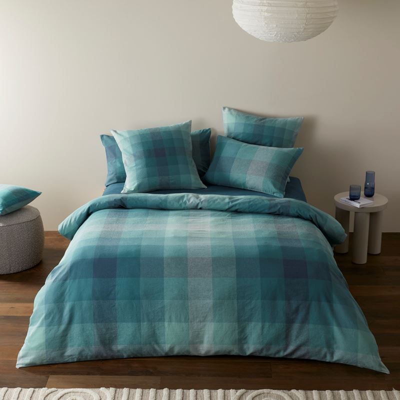 Vintage Washed Linen Cotton Ombre Check Teal Quilt Cover Set + Separates