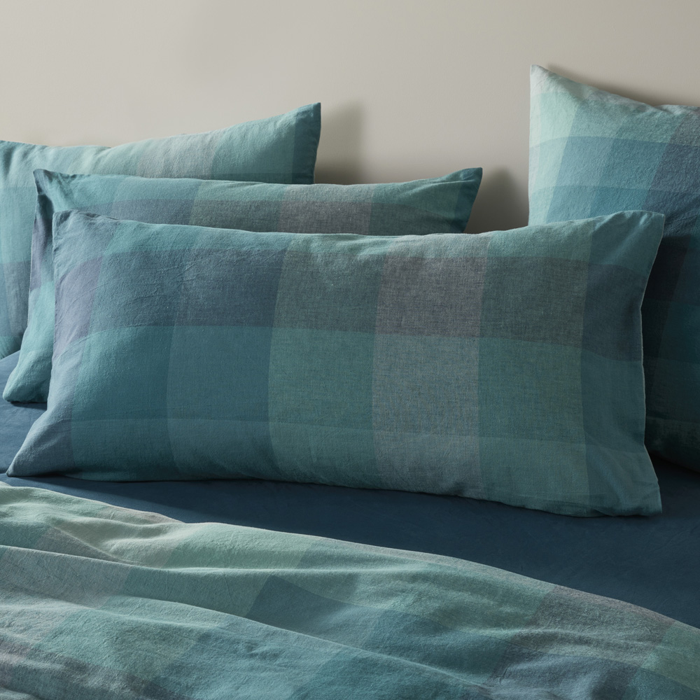 Vintage Washed Linen Cotton Ombre Check Teal Pillowcases Adairs