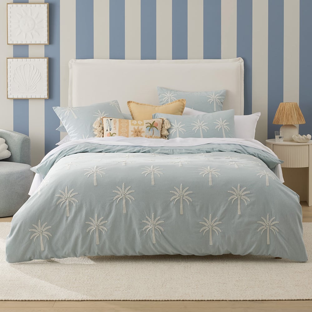 Byron Palm Blue Embroidered Quilt Cover Separates Adairs