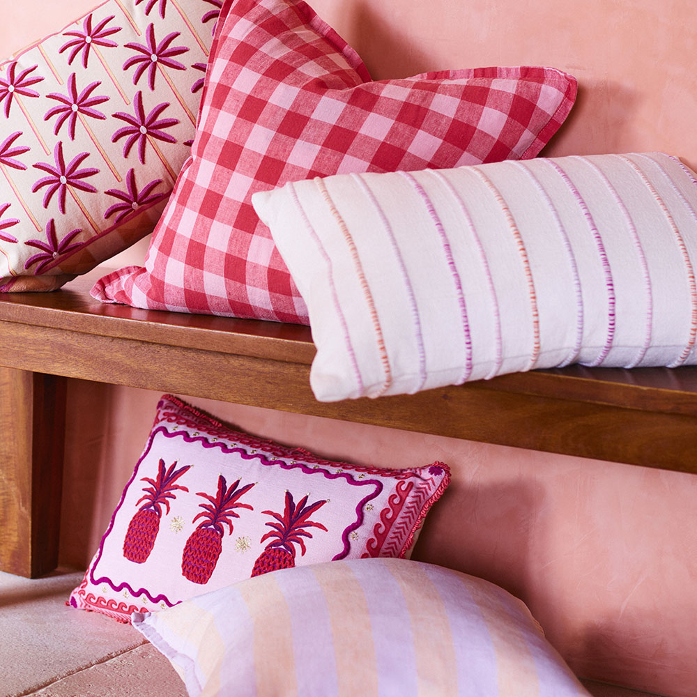 Belgian Red Pink Check Vintage Washed Linen Cushion Adairs
