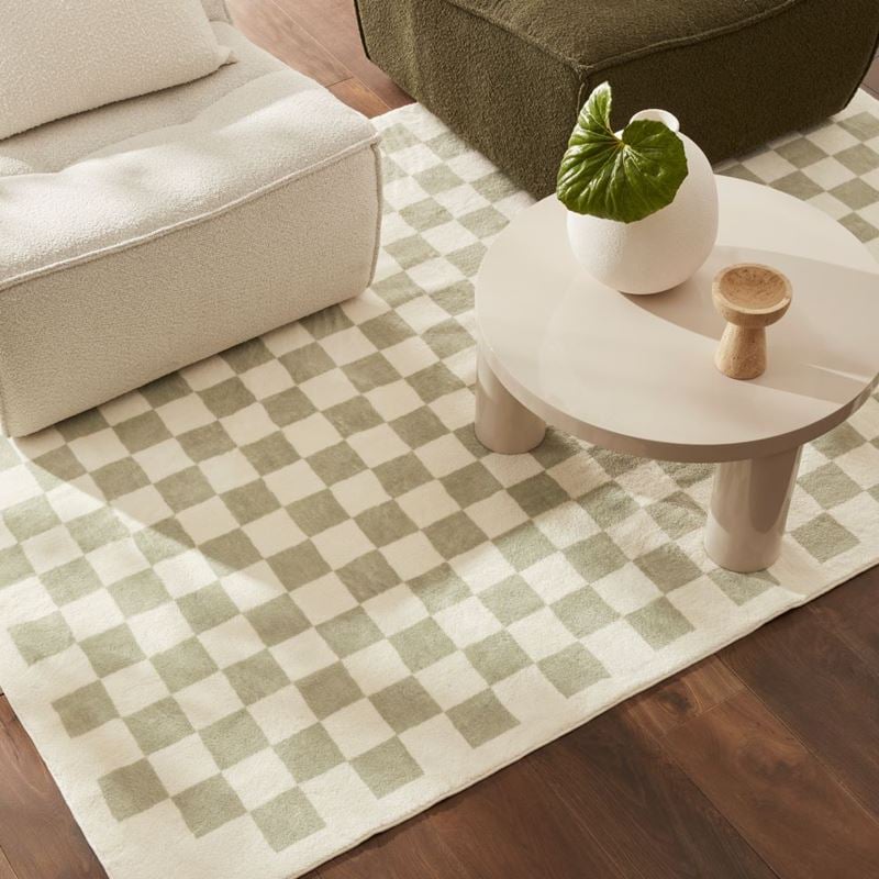 Supersoft Sage Green Checkerboard Washable Rug | Adairs
