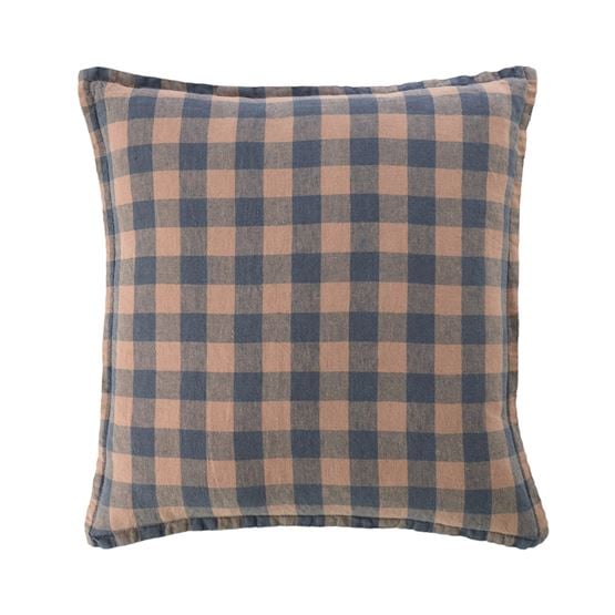 Belgian Hazelnut & Slate Check Vintage Washed Linen Cushion