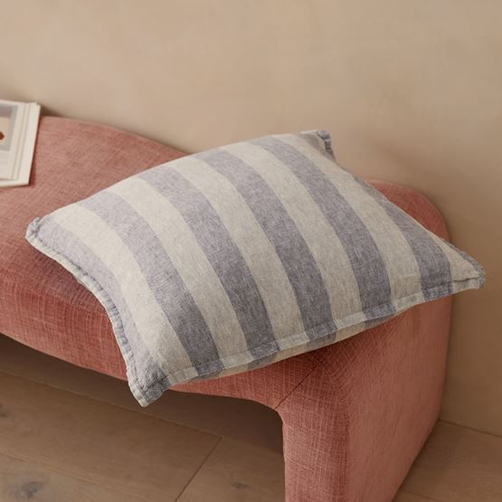 Belgian Gum Leaf & Deep Teal Stripe Vintage Washed Linen Cushion