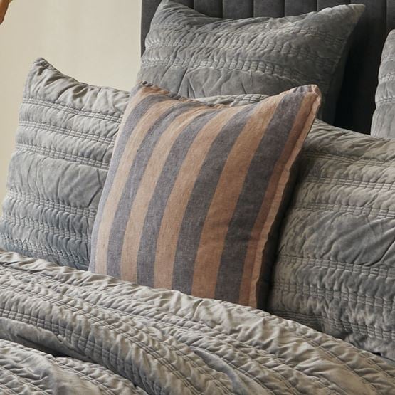 Belgian Hazelnut & Slate Stripe Vintage Washed Linen Cushion