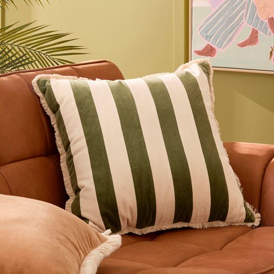 Bernie Green & Natural Stripe Velvet Cushion