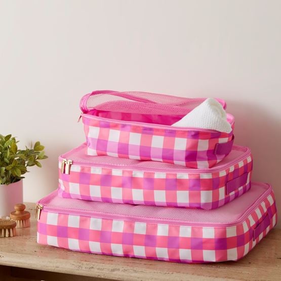 Pink Check Travel Storage Bags Set of 3