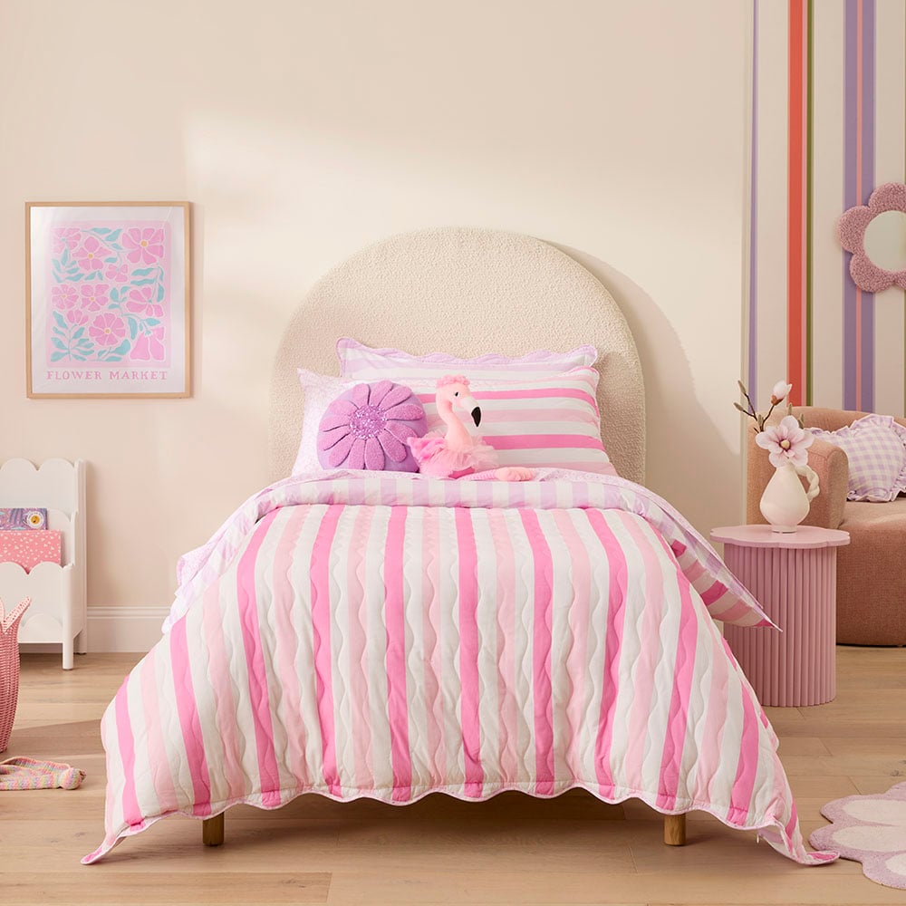 Adairs Kids Nina Stripe Scallop Pink Quilted Quilt Cover Set Adairs