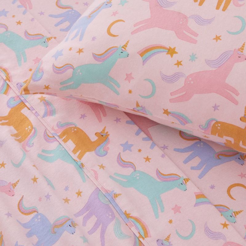 Moonlight Unicorn Pink Flannelette Sheet Set