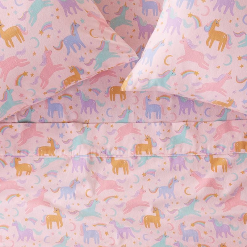 Moonlight Unicorn Pink Flannelette Sheet Set