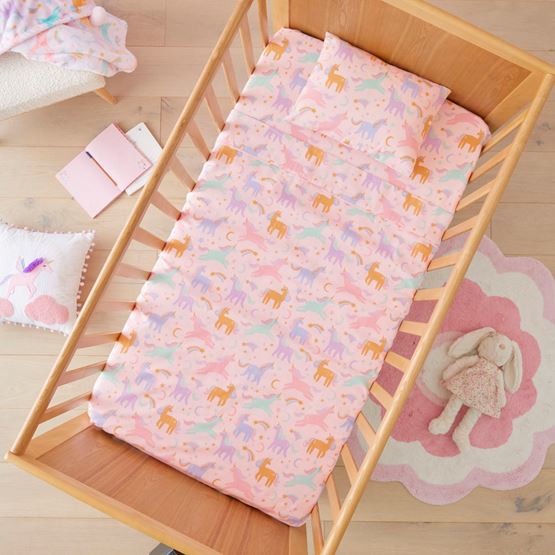 Moonlight Unicorn Pink Flannelette Cot Sheet Set