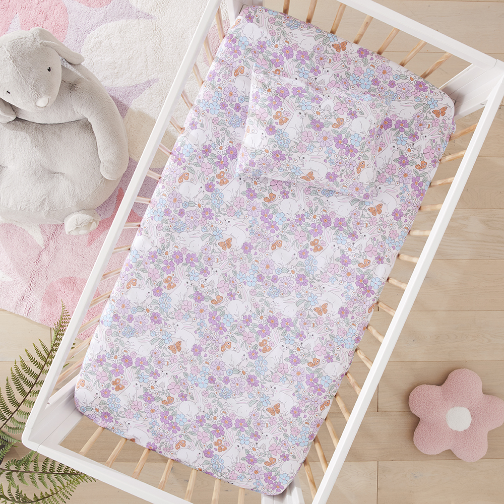 Adairs Kids Bouncing Bunnies Blush Cot Jersey Fitted Sheet Set Adairs