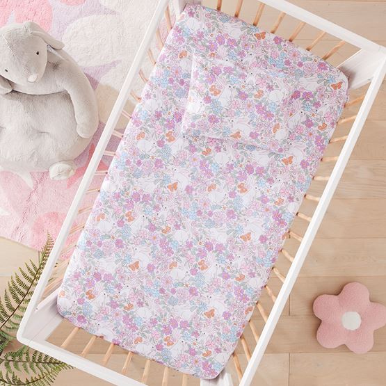 Bouncing Bunnies Blush Cot Jersey Fitted Sheet Set