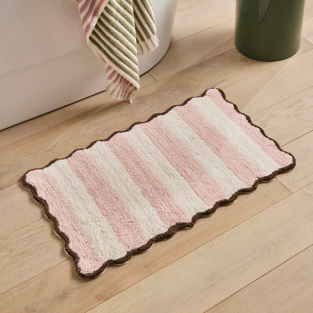 Pink Print Mat Scallop Pearl Pink & Natural Stripe Bath Mat | Adairs
