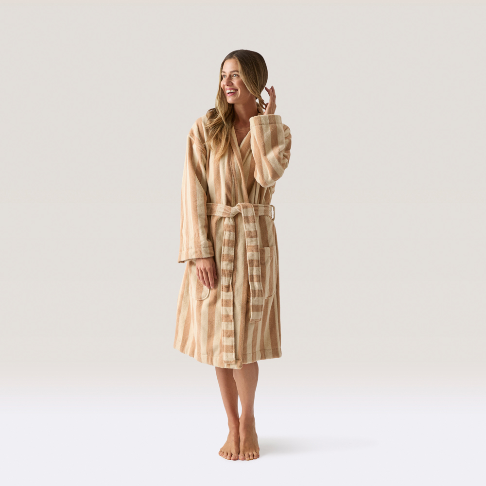 Terry Stripe Almond & Natural Bath Robe | Adairs