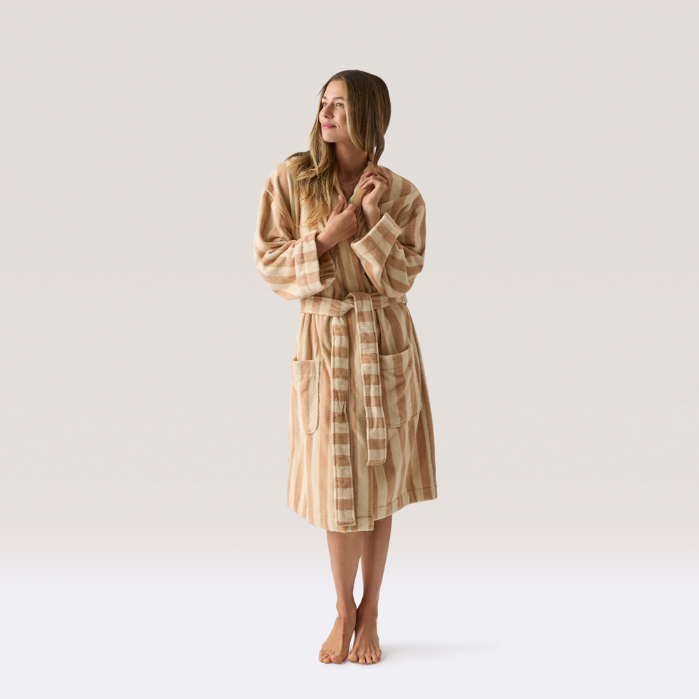 Terry Stripe Almond & Natural Bath Robe | Adairs