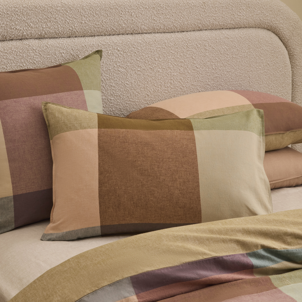 Vintage Washed Linen Cotton Newland Check Camel Quilt Cover Set + Separates