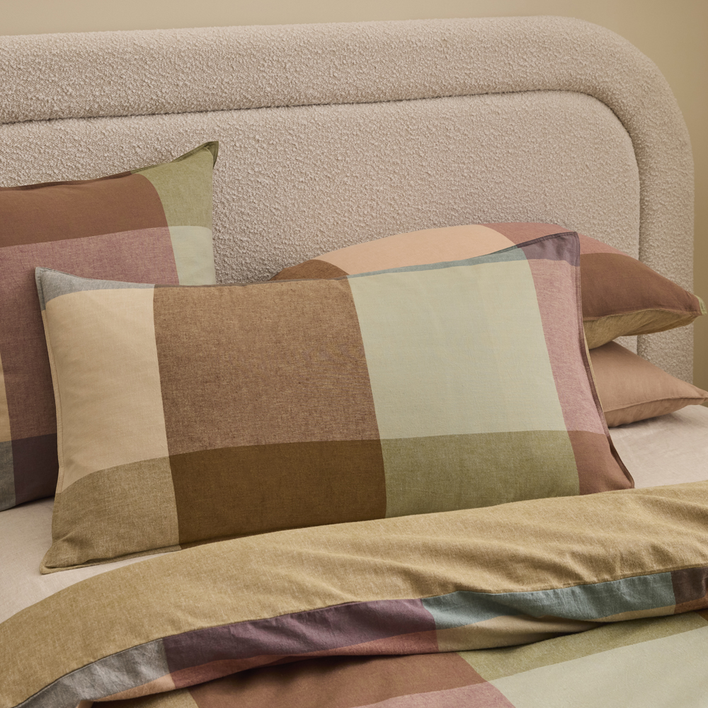 Vintage Washed Linen Cotton Newland Check Camel Quilt Cover Set + Separates