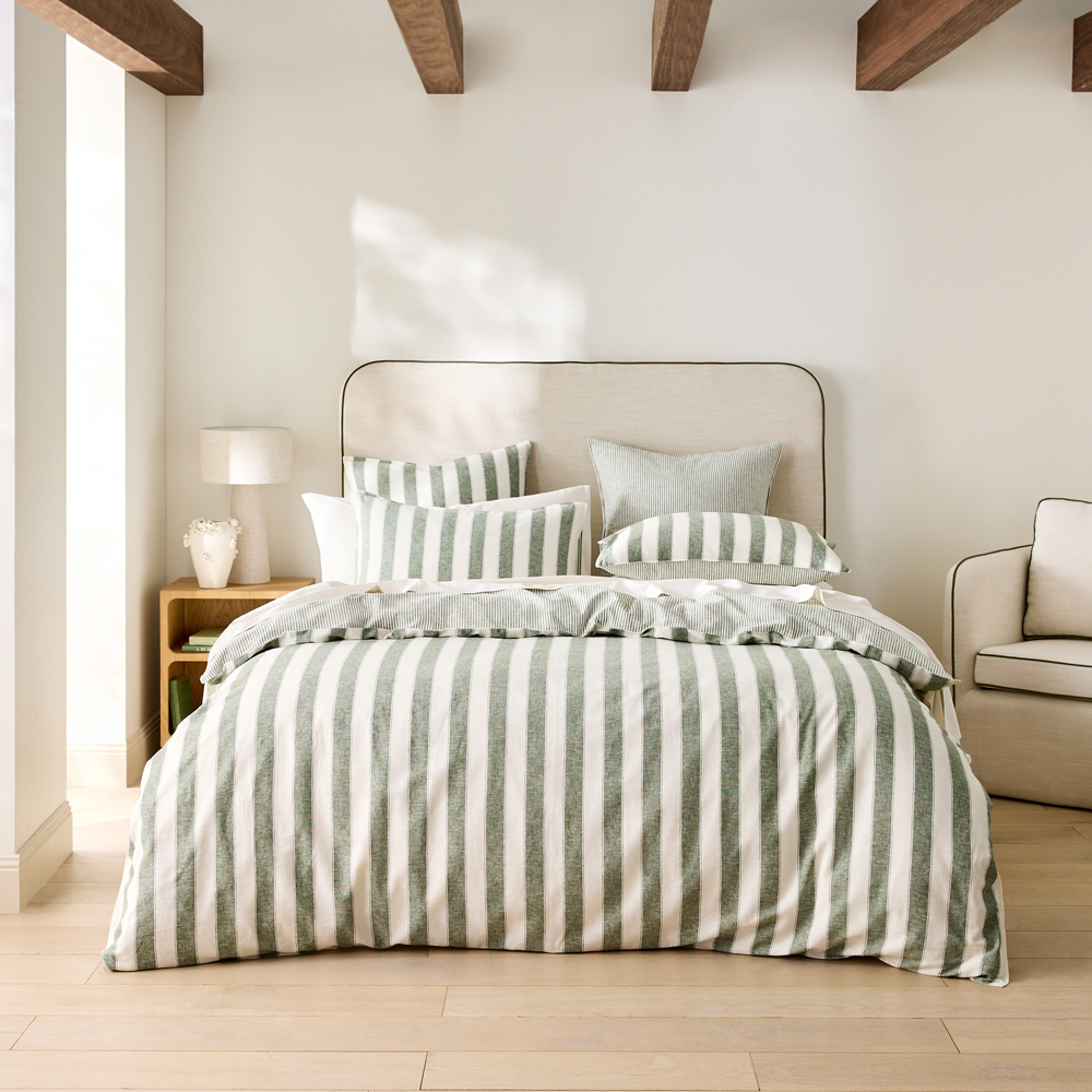 Arden Stripe Thyme Linen Cotton Quilt Cover Set + Separates | Adairs Queen