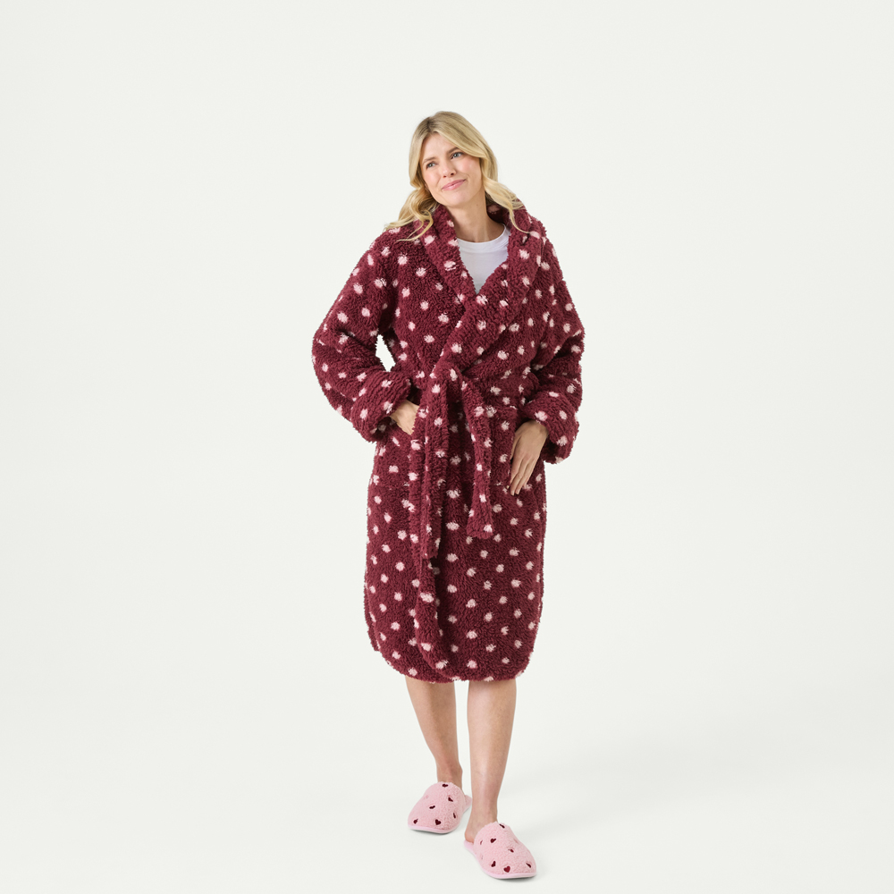 Egypt Robe Printed Polka Dot Burgundy Sherpa Hooded Robe | Adairs