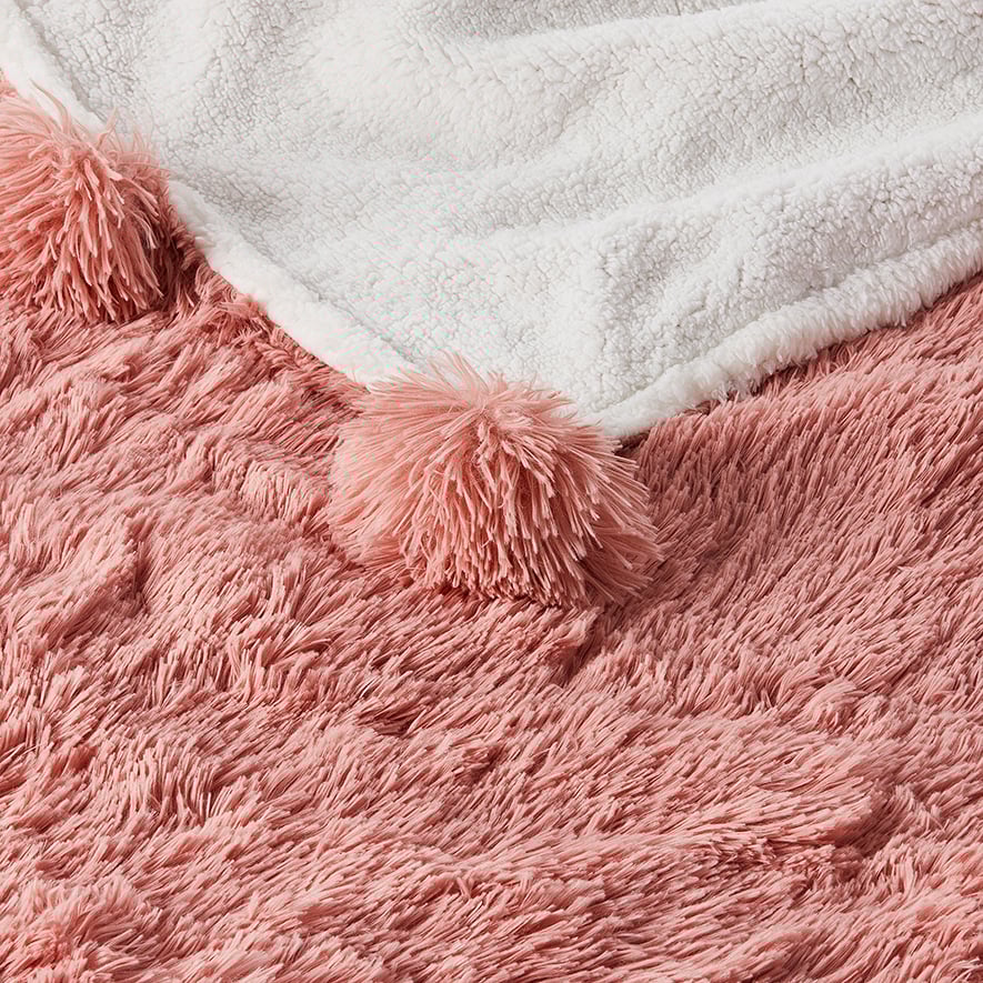 Adairs Kids Snuggly Sherpa Apricot Pom Pom Blanket Adairs