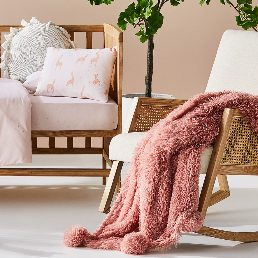 Adairs Kids Snuggly Sherpa Apricot Pom Pom Blanket Adairs