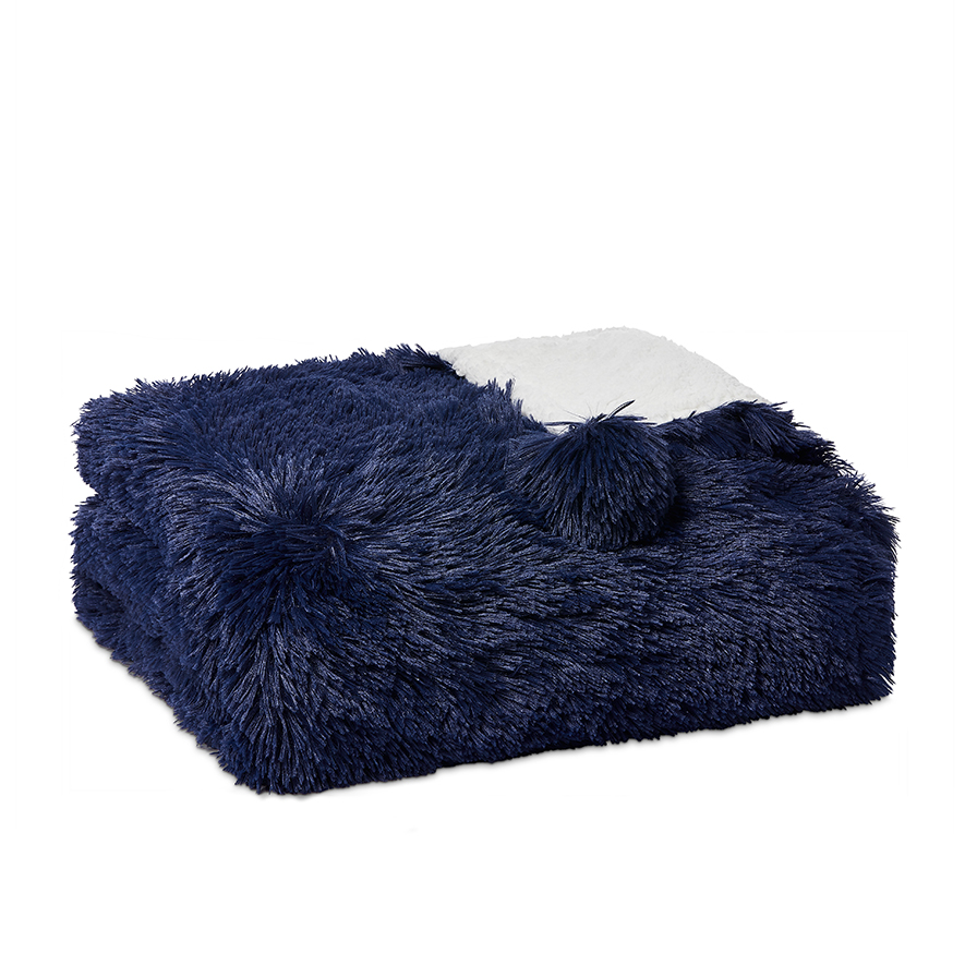 Adairs Kids Snuggly Sherpa Navy Pom Pom Blanket Adairs