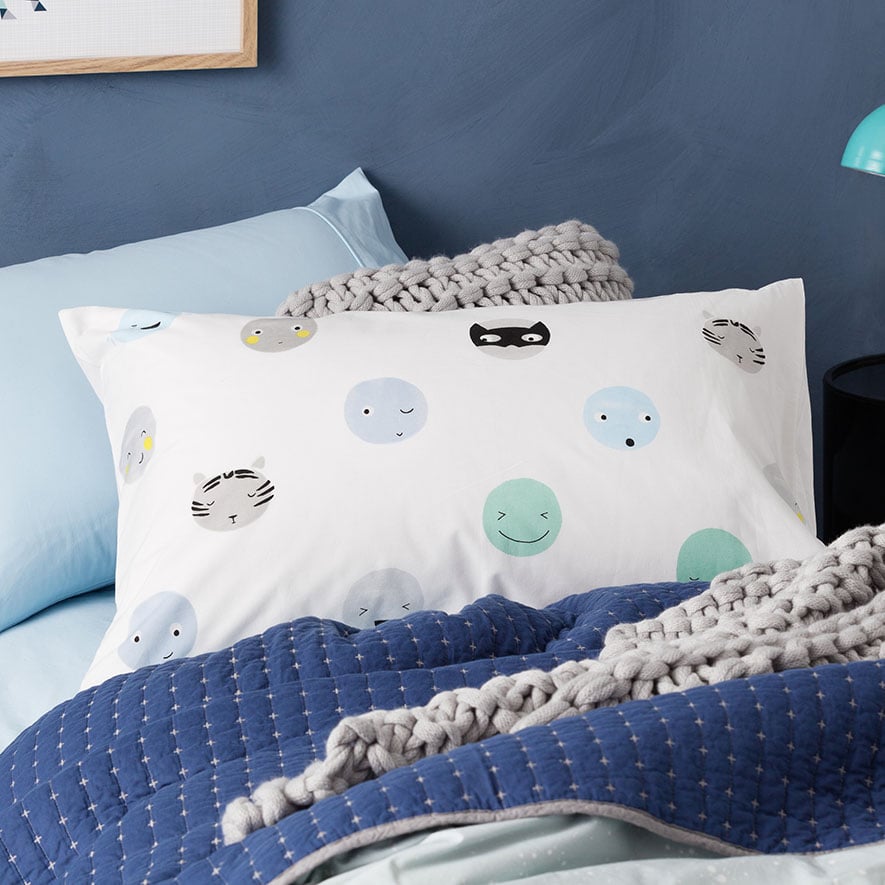 Adairs Kids Smiling Faces Text Pillowcase Blue Bedroom Pillowcases