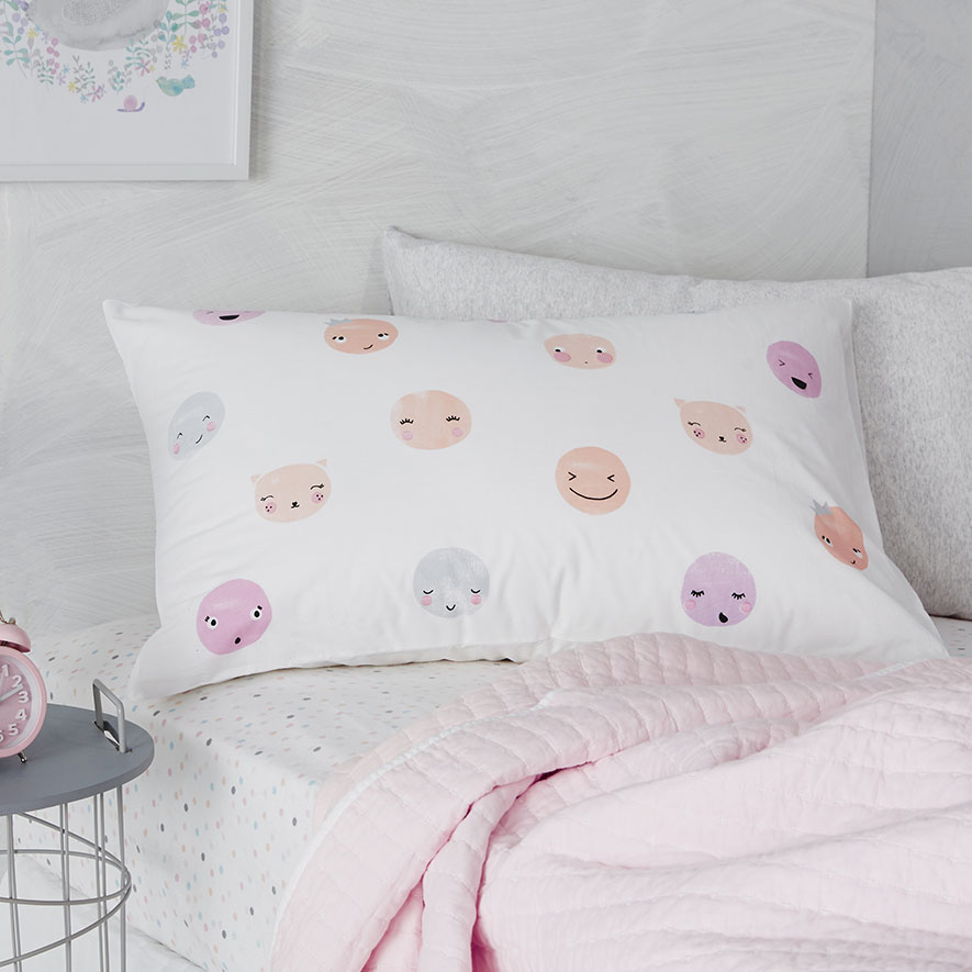 Adairs Kids Smiling Faces Text Pillowcase Pink Bedroom Pillowcases