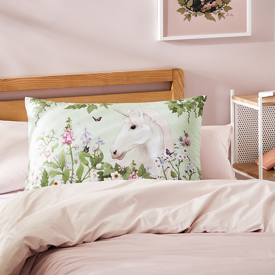Adairs Kids Fleur Harris Woodland Garden Unicorn Text Pillowcase Adairs