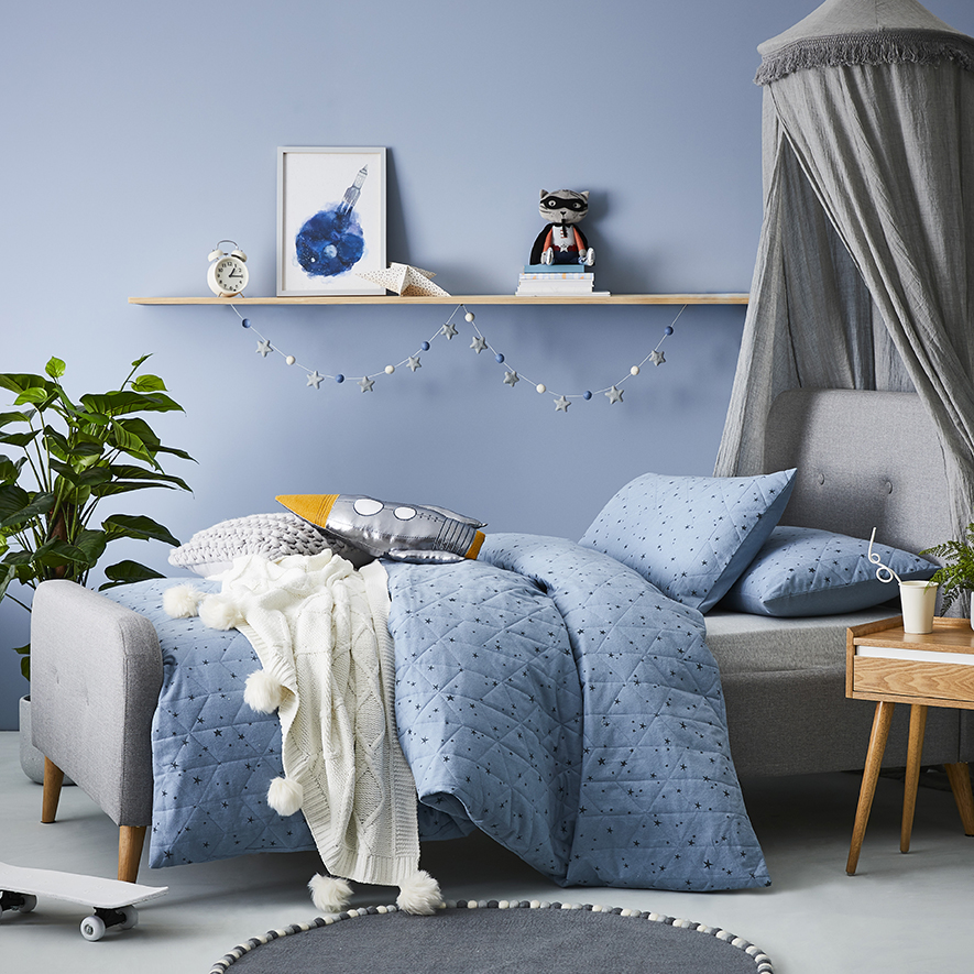 Adairs Kids Stanley Star Quilted Flannelette Blue Quilt Cover Set