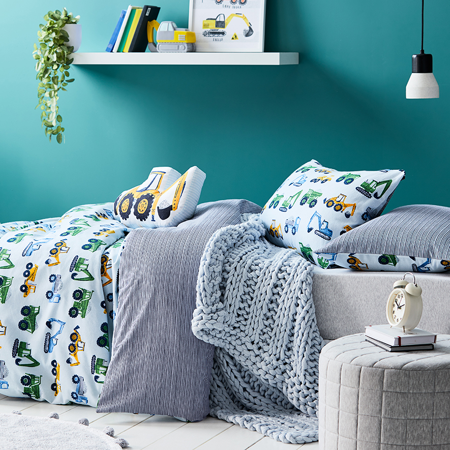 Adairs Kids Colourful Trucks Flannelette Pale Blue Quilt Cover Set