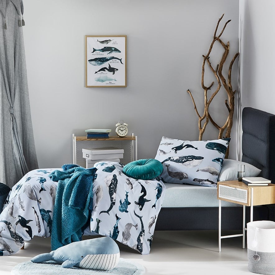 Adairs Kids Whale Watching Stonewashed Duck Egg Blue Quilt Cover Set