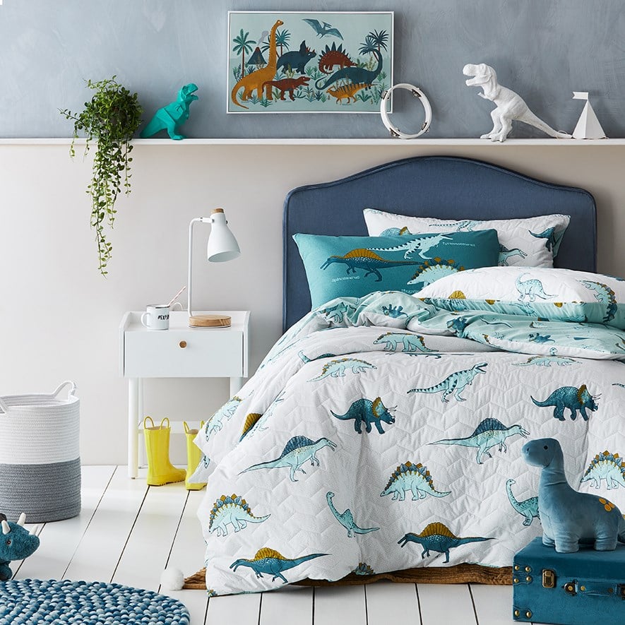 Adairs Kids Dino Friends Cotton Bamboo Quilted Blue Quilt Cover Set Adairs