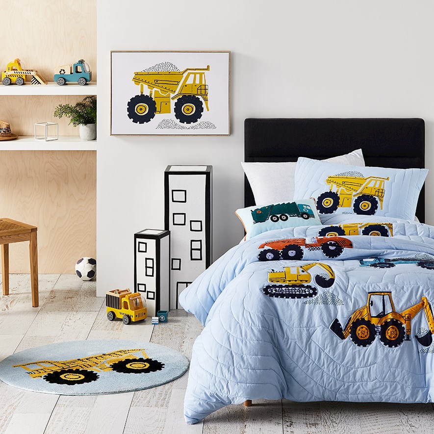 Adairs Kids Truck Stop Soft Blue Quilted Quilt Cover Set Adairs