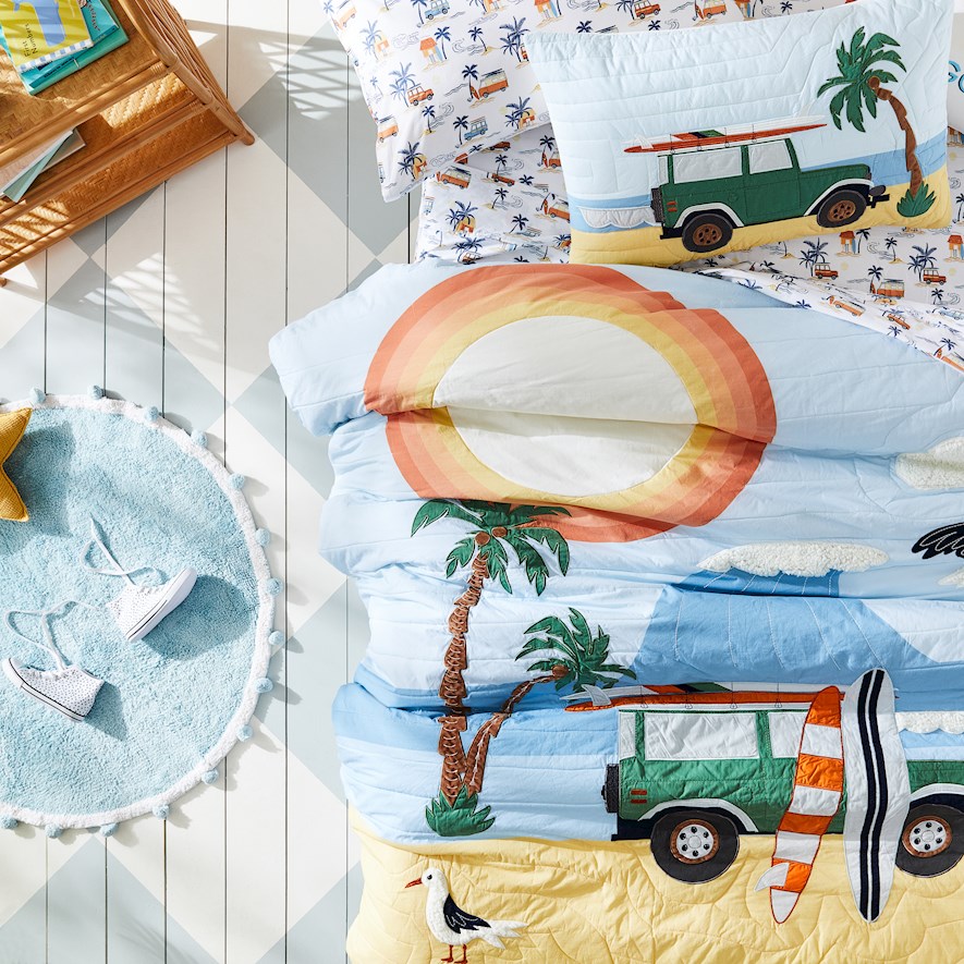 Adairs Kids Gone Surfing Quilted Blue Quilt Cover Set Adairs