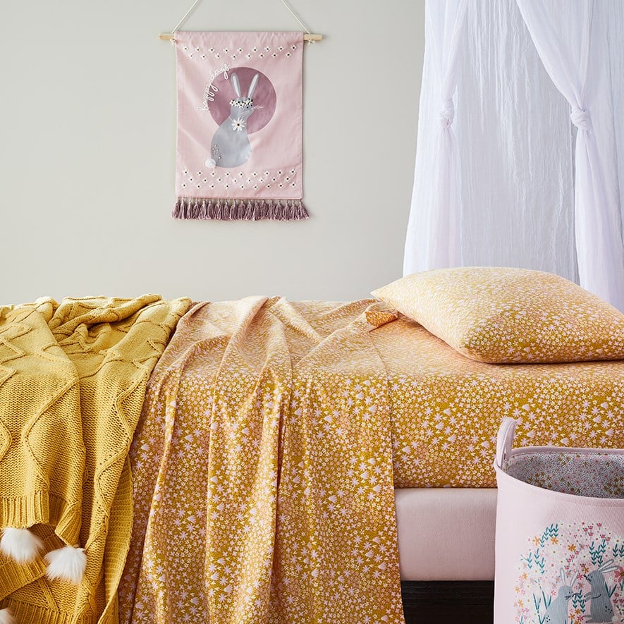 Adairs Kids Ditsy Meadow Mustard Flannelette Sheet Set Adairs