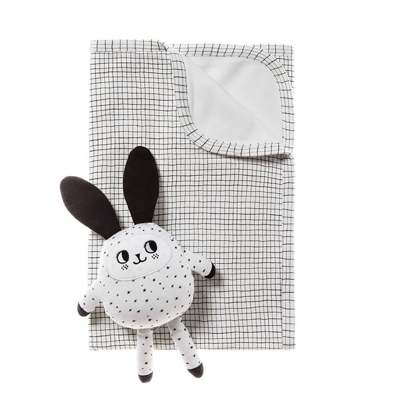 Organic Grid Blanket and Star Bunny Toy Gift Set