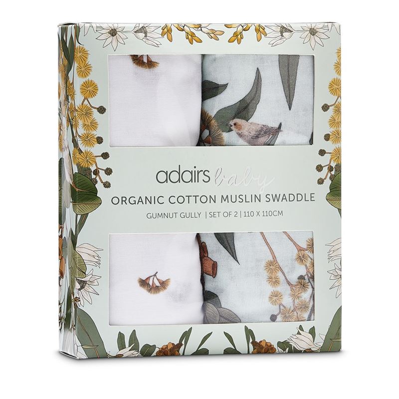 Gumnut Gully White & Green Organic Cotton Muslin Swaddles Pack of 2
