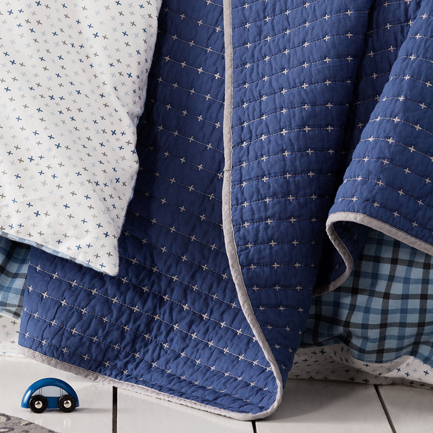 Adairs Kids Princeton Cot Coverlet Denim & Pale Grey Adairs