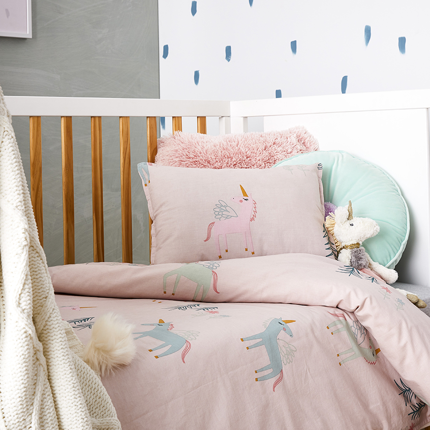 Adairs Kids Stonewash Unicorn Cot Quilt Cover Set Pink Adairs