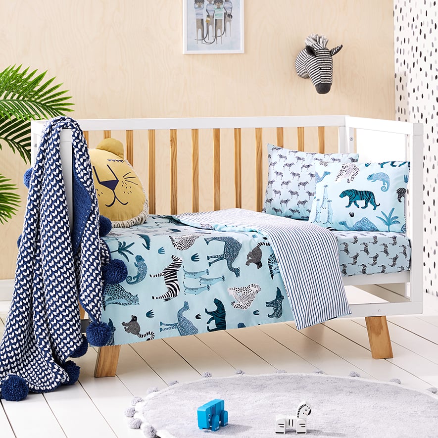 Adairs Kids Stonewash Blue Jungle Cot Quilt Cover Set Adairs
