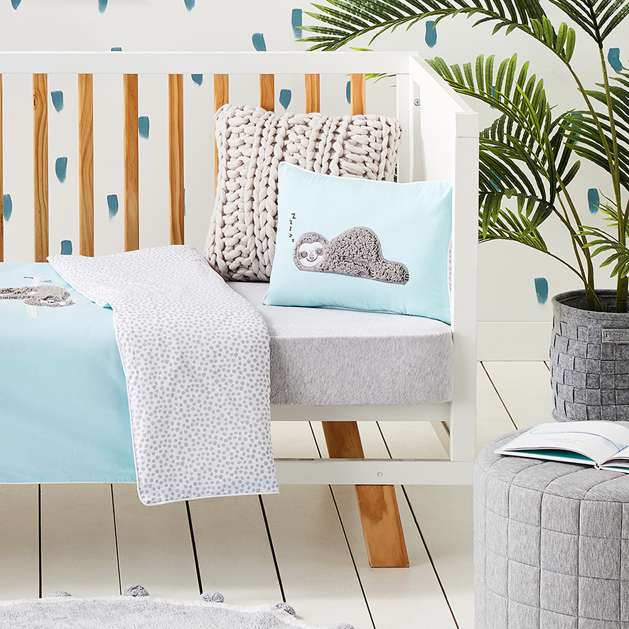 Adairs Kids Sherpa Sloth Applique Cot Quilt Cover Set Blue Adairs