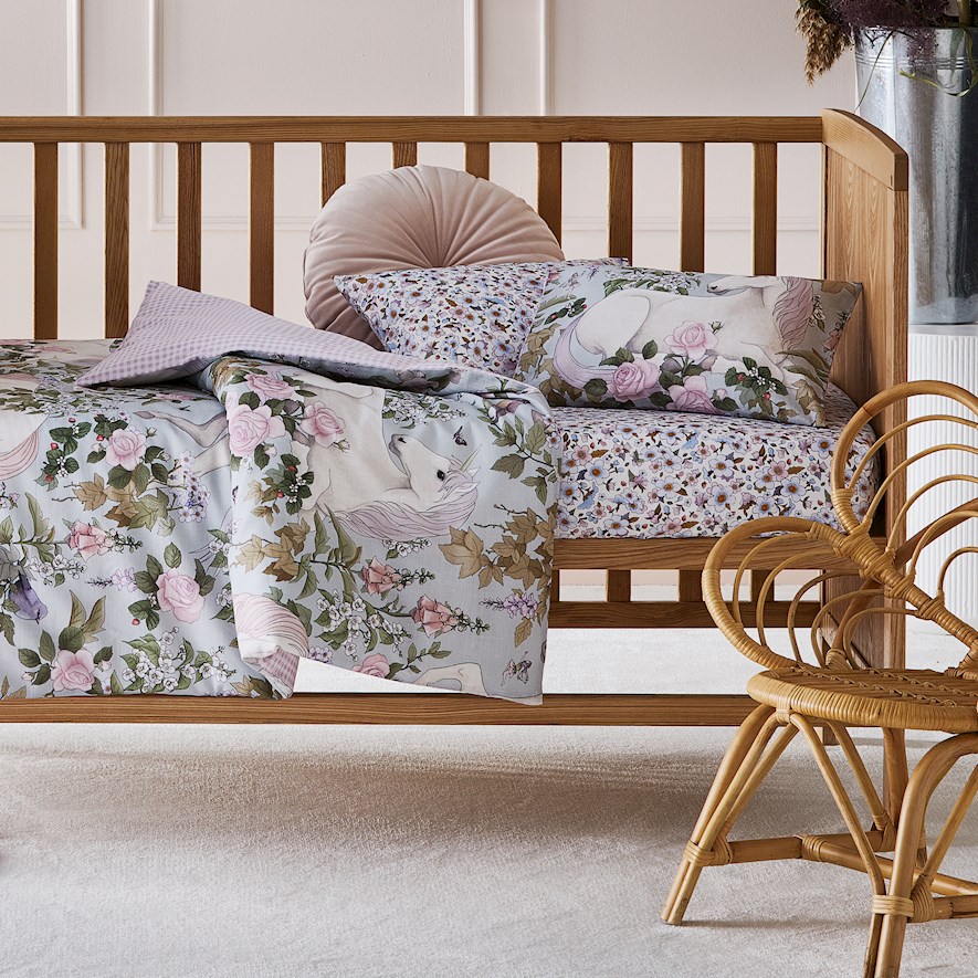 Adairs Kids Fleur Harris Unicorn Rose Soft Aqua Cot Quilt Cover Set