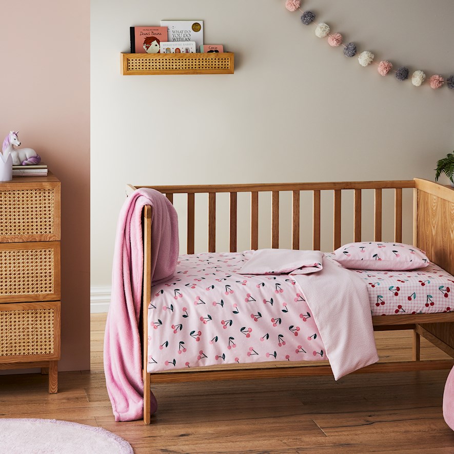 Adairs Kids Sweet Cherry Pink Flannelette Cot Quilt Cover Set Adairs