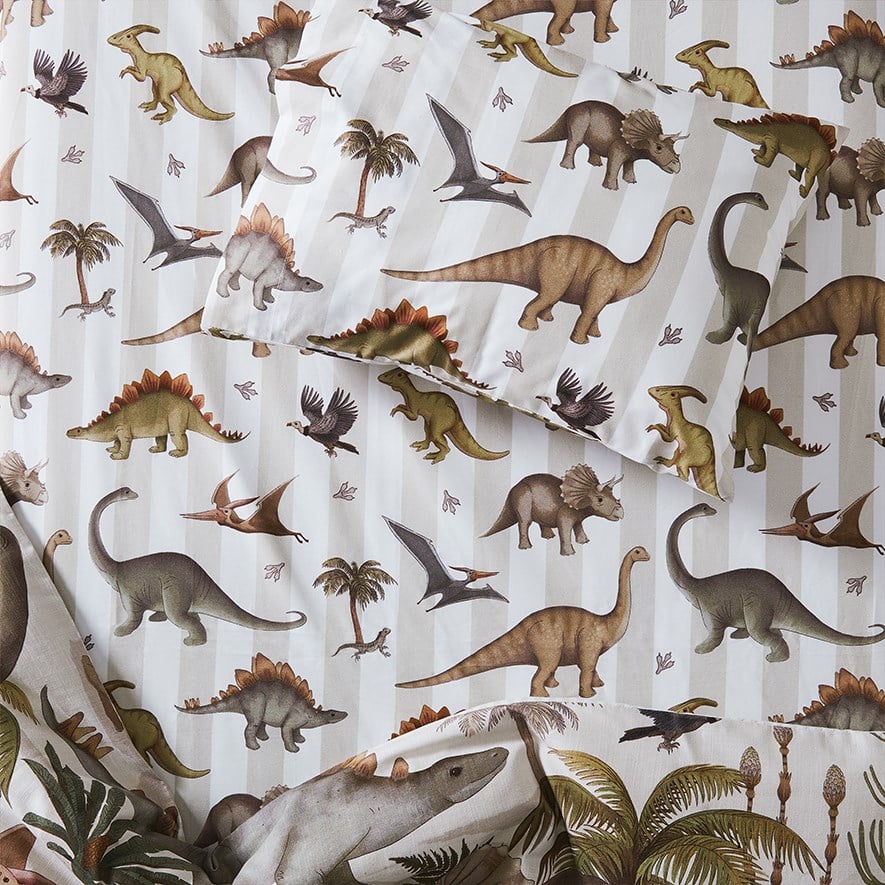 Adairs Kids - Fleur Harris Prehistorica Natural & White Stripe Cot Fitted Sheet Set | Adairs